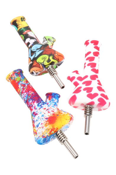 Beaker-shaped silicone dab straws with metal tips in graffiti, heart, and paint-splatter prints; 4.5" size for wholesale head-shop displays.
