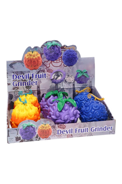 6-piece Devil Fruit grinder display with assorted orange, purple, and blue designs, retail smoke gear