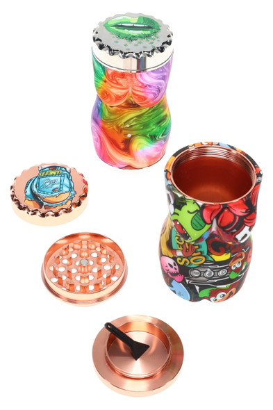 Wholesale 2.25" silicone & metal woman grinder, 4-part with copper teeth and screen, disassembled view with scraper