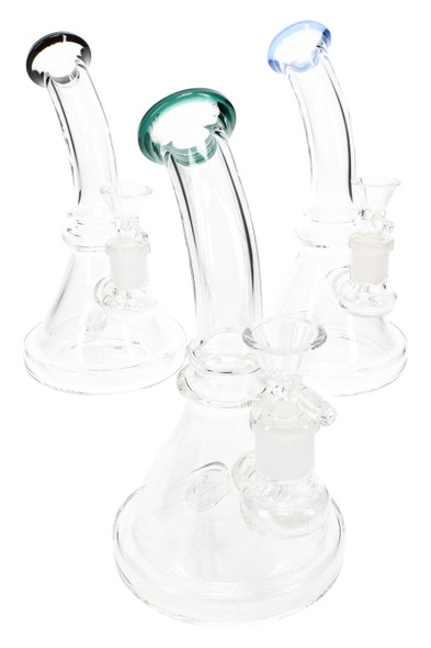 Wholesale 7.5" clear stemless beaker water pipes with black, green and blue rims in group view.