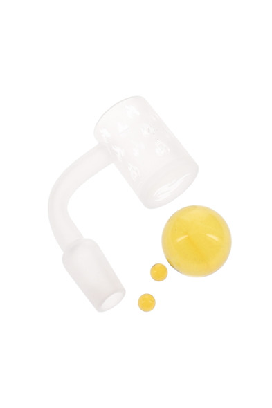 14.5 mm male frosted flat-top quartz banger with flame etch and yellow 25 mm/6 mm beads; wholesale dab rig part, clean top-down studio angle.