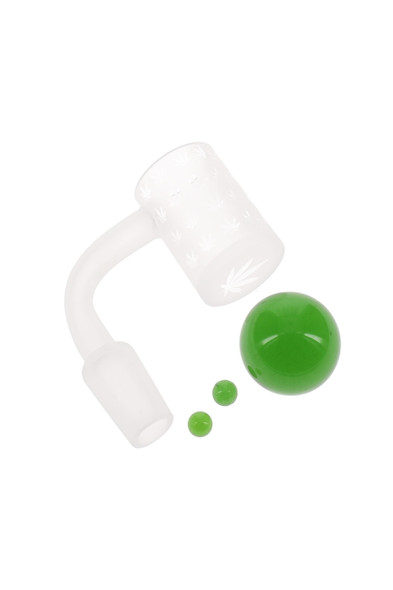 Frosted flat-top quartz banger, 14.5 mm male, leaf pattern with green 25 mm and 6 mm beads; wholesale head-shop accessory, front angle.