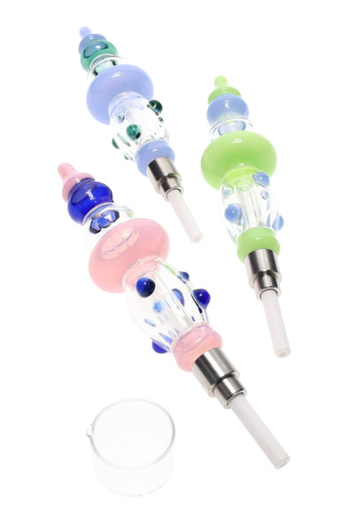 Neon marble glass dab straws with ceramic tips and quartz dish, 8-inch size, clear borosilicate, pastel green/blue/pink accents, retail smoke-shop display.