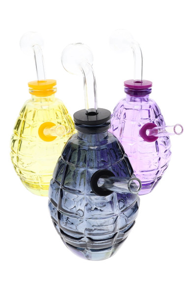 Three 4.5" colored glass grenade oil burner rigs—yellow, black, and purple—front three-quarter view for wholesale head-shop buyers.