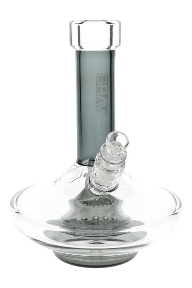 Grav smoke accented wide base glass water bong for wholesale head shop purchase.
