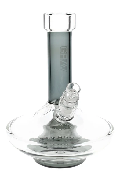 Grav smoke accented wide base glass water bong for wholesale head shop purchase.