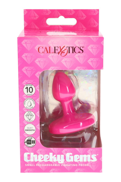Cheeky Gems small rechargeable vibrating probe, pink, front of peg-ready retail box with 10-speeds icons for wholesale adult-shop displays.