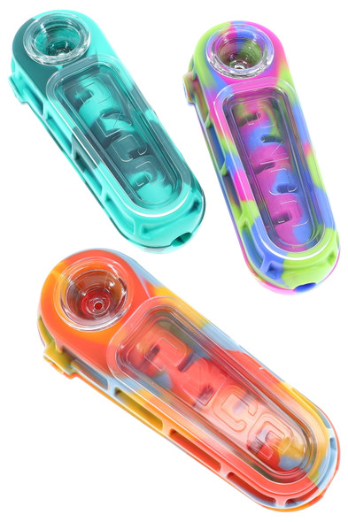 Eyce Glacier silicone spoon pipes, assorted teal, rainbow, and multicolor finishes, top view showing snap-in glass bowl for head-shop buyers. Eyce Glacier silicone spoon pipes, assorted teal, rainbow, and multicolor finishes, top view showing snap-in glass bowl for head-shop buyers.