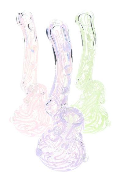 Clear 6.5" glass sherlock bubblers with neon squiggle stripes and marble accents in pastel pink, purple, and green; wholesale head-shop angle on white.