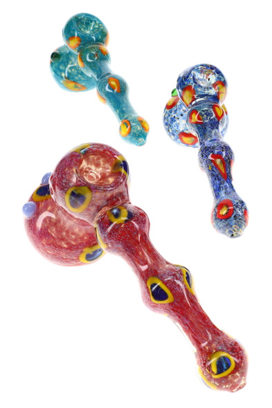 7.5" color-changing silver-fumed frit glass hammer bubblers with spotted marbles; wholesale head-shop piece, top-down trio showing red, blue and teal.