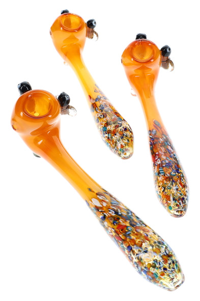 Gold fumed glass sherlock pipes with confetti frit and bee accents, wholesale hand pipe group view