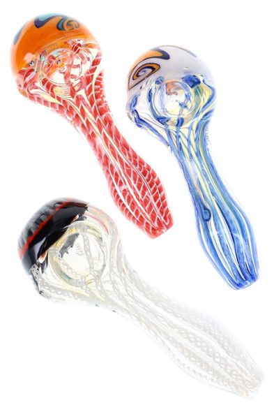 Trio of 5" color-changing striped glass spoons with reverse bowl features in orange, blue, and clear; wholesale hand pipe, studio top angle. Trio of 5" color-changing striped glass spoons with reverse bowl features in orange, blue, and clear; wholesale hand pipe, studio top angle.