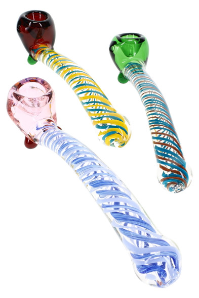 Assorted wholesale glass sherlock pipes with multicolor swirl stripes and colored bowls, angled group product view