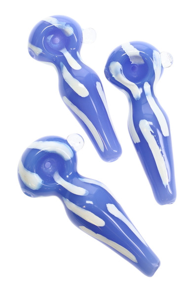 Trio of 4.5" light blue striped glass spoon pipes with clear marble grips, top-down studio view—ideal for wholesale head-shop inventory listings. Trio of 4.5" light blue striped glass spoon pipes with clear marble grips, top-down studio view—ideal for wholesale head-shop inventory listings.