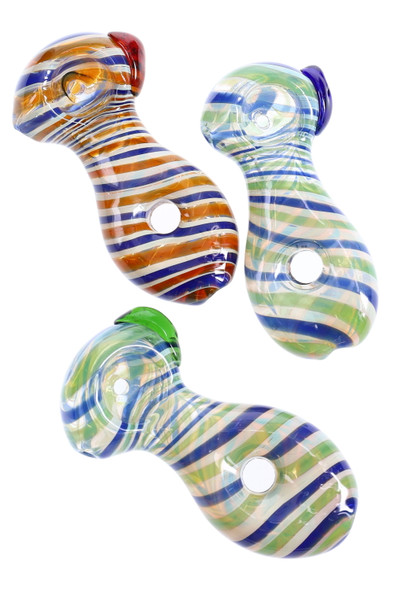 Wholesale 3-inch color-changing glass spoon pipe, donut hole, reverse spiral stripes, assorted amber blue green, top view.