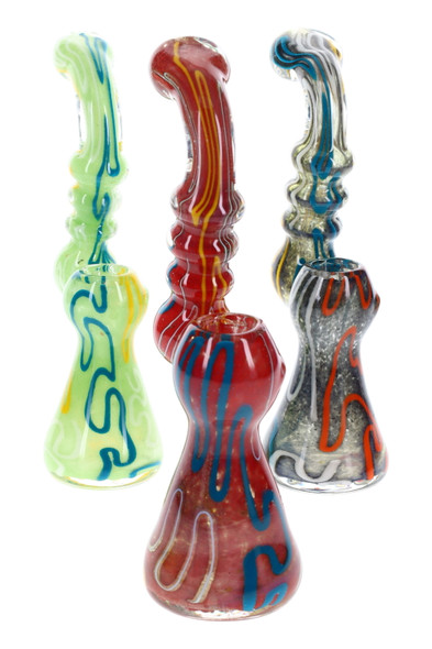 7.5-inch sherlock glass bubblers with color-changing frit and multicolor squiggle striping, green/red/gray variants, front angle for head-shop wholesale 7.5-inch sherlock glass bubblers with color-changing frit and multicolor squiggle striping, green/red/gray variants, front angle for head-shop wholesale