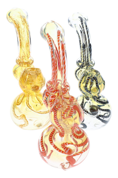Grouped 6" clear glass sherlock bubblers with red, yellow, and black squiggle stripes and marble accents; wholesale head-shop display, high-key front angle.