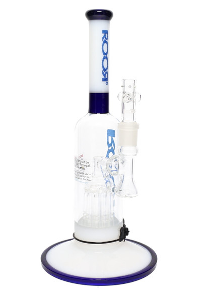 ROOR Tech 12" GoG bubbler in white with blue accents and ten-arm tree perc, wide base and right-angle view for retail smoke gear catalogs.