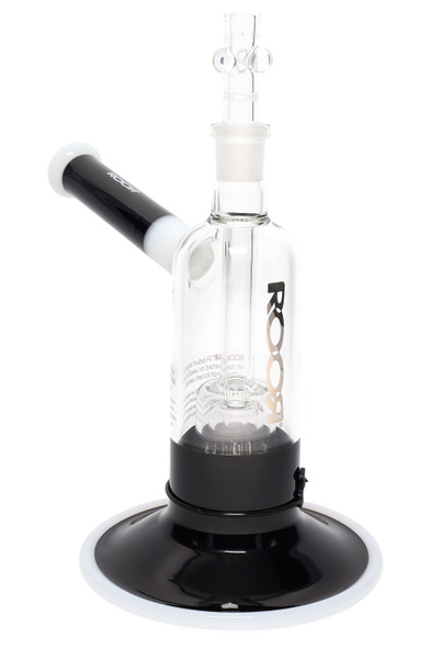 ROOR Tech 7.5" GoG bubbler in black/white with platinum logo, barrel perc and wide colored base, clean studio front-angle for wholesale listings.