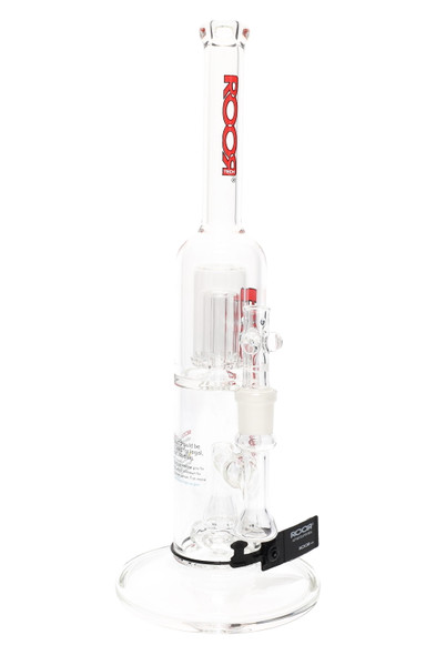 ROOR Tech 15" clear glass straight tube, reinforced stem with barrel + showerhead percs, GoG 18.8 mm joint, studio front view for head-shop buyers.