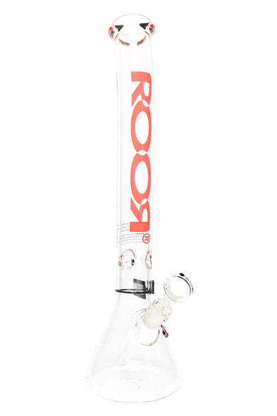 Clear 18" ROOR bent-neck beaker, red logo decal, 45 mm body with ice pinch and 18.8 mm GoG joint, front angle on white for wholesale listings.