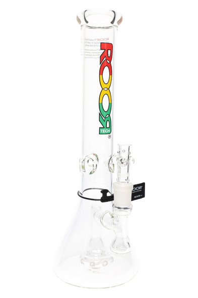 ROOR Tech 14" clear stemless beaker, rasta logo, showerhead percolator with 18.8 mm female joint; studio angle used for wholesale catalog pages.
