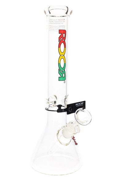 Clear ROOR 14" glass beaker for wholesale, rasta logo decal, 50 mm tube with ice pinch and 18.8 mm GoG joint, front angle on a white studio background.