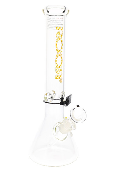 ROOR 14" clear beaker, daisy-pattern gold logo decal, thick 5 mm glass with ice pinch, angled front view for head-shop product listings.