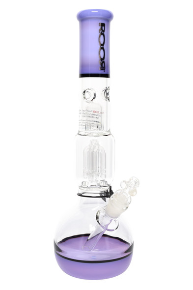 ROOR Tech 14" bubble-base beaker, purple/black accents with platinum logo, 5 mm glass with tree perc and splash guard, retail smoke gear photo on white.
