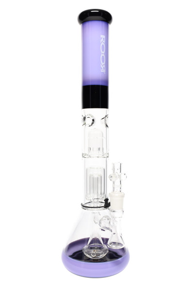 Purple/black ROOR Tech 18" beaker for wholesale, multicolor mouthpiece and base, dome + barrel + showerhead perc stack with ice pinch, front angle.