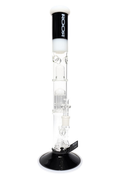 Black & white ROOR Tech 18" stemless straight tube, dome, 10-arm tree and showerhead percs, 50 mm body with ice catcher, studio front view for resale.