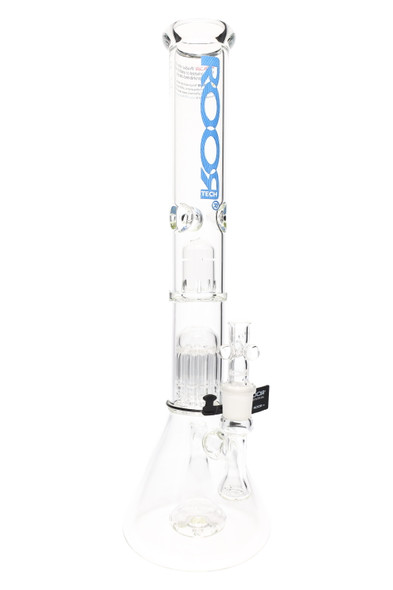ROOR Tech 18" clear beaker, patterned “Too Blue” logo, stemless GoG with multi-perc stack and ice catcher, 5 mm glass; clean front view for head-shops.