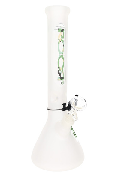 14" frosted ROOR beaker showing camo logo, GoG joint with 14.5 mm bowl and downstem, front angle for head-shop resale pages.