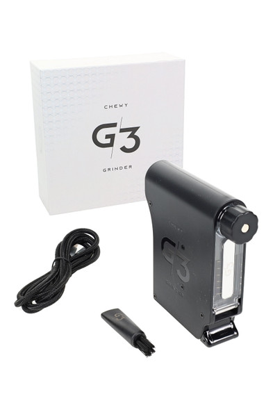Chewy G3 black electric herb grinder set with retail box, USB-C cable and brush, wholesale-ready, three-quarter view