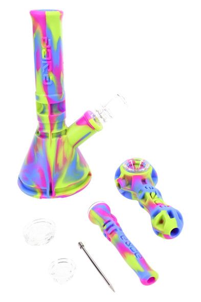 Unboxed Cotton Candy Eyce set with Mini Beaker, Spoon, Shorty, dab tool and two bowls; silicone trio for wholesale display, bright front shot.
