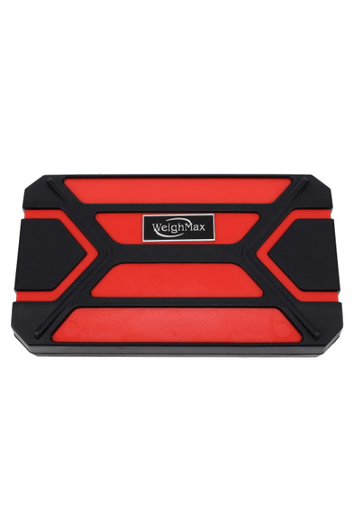 Closed red case WeighMax digital scale with a 100g capacity and 0.01g precision.