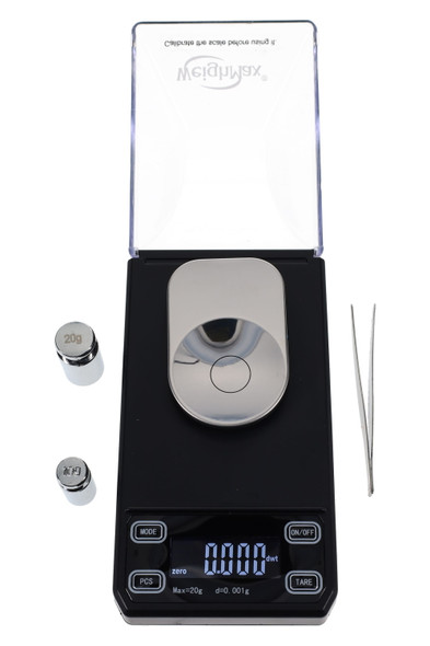 Wholesale WeighMax W-CT20 milligram scale 20 g × 0.001 g, stainless platform, open lid with weights and tweezers, top view