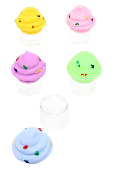 Wholesale 1.75-inch glass storage jar with pastel silicone ice-cream cone lid, clear body for concentrates, front-angle studio shot