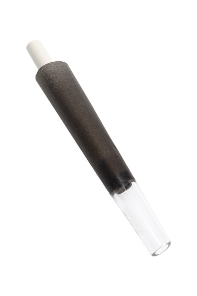 Head-shop supplies cone, 70 mm black soy-dyed paper with clear quartz glass tip, front angled product shot on white background.