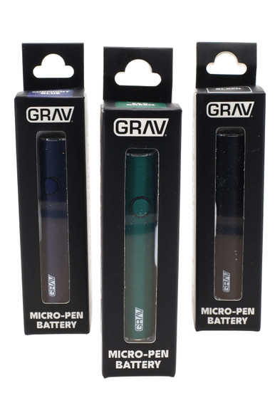 Trio of GRAV Micro-Pen 510 batteries in hangable retail boxes, matte blue/green/black, wholesale vape accessory packaging, straight front view.