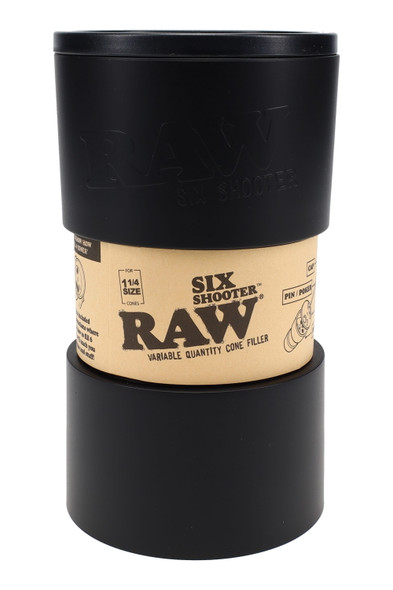 Close-up RAW Six Shooter 1 1/4 size cone filler, matte black body with branded band, ideal for smoke-shop retail