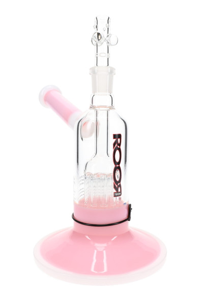 Pink & white ROOR Tech 7.5" glass-on-glass chamber bubbler with ten-arm tree perc, wide base and front angle for wholesale head-shop listings.
