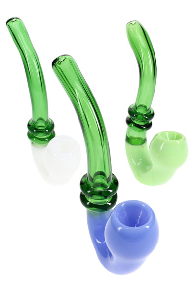 Trio of 6" standing glass sherlock pipes with green stems and blue, white, and light-green bowls; wholesale head-shop display angle, front three-quarter view. Trio of 6" standing glass sherlock pipes with green stems and blue, white, and light-green bowls; wholesale head-shop display angle, front three-quarter view.
