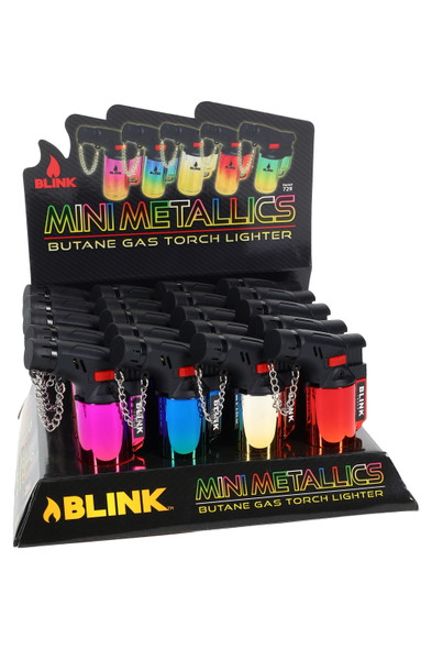 Bulk 20-piece Blink mini metallic torch display for smoke shops, assorted gradient colors, front-left angle with header card.