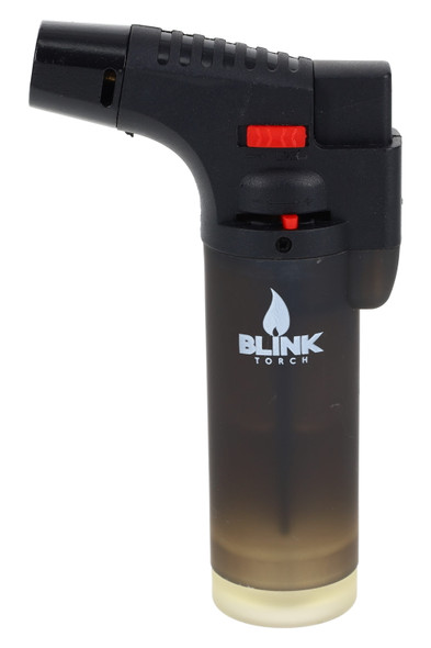 Single Blink Torch Gun butane lighter for bulk orders, smoke-black tank with red lock slider and flame adjuster, right-side profile studio shot.
