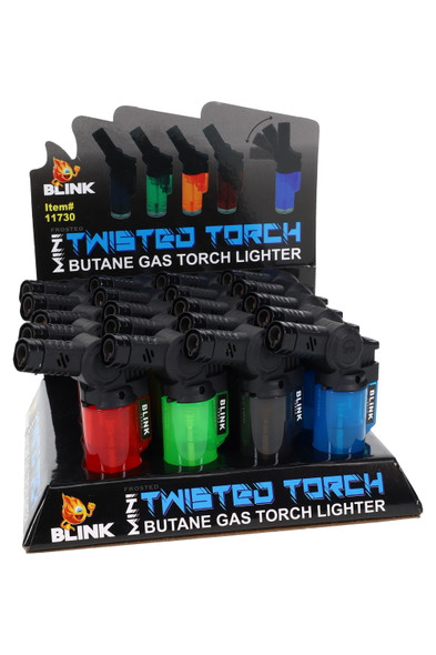 20-piece Blink frosted mini twisted torch wholesale display, assorted red/green/blue tanks; front-left angle with header card and tray base.