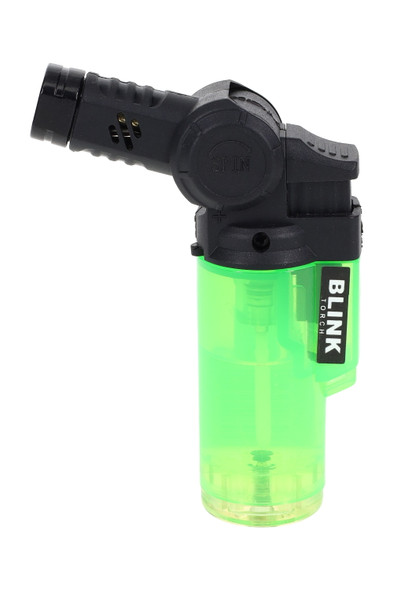 Blink frosted mini twisted butane torch for wholesale orders, neon-green tank with black angled nozzle, right-side profile on white.