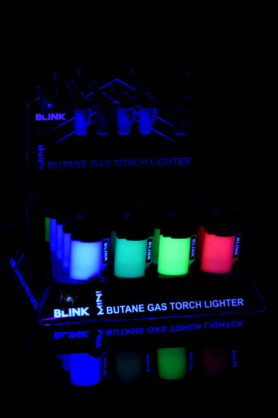 20-piece Blink glow mini twisted torch display for wholesale, blue-lit glow effect under black light; front view with reflective surface.