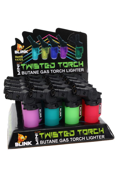Bulk 20-piece Blink glow mini twisted torches counter display, assorted frosted tanks; front-left angle with header card and tray base shown.