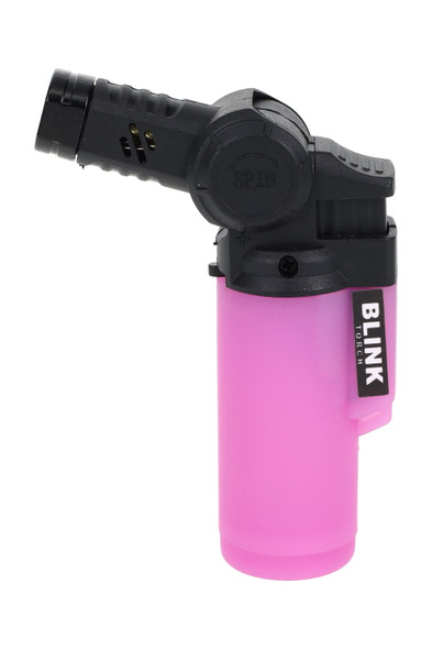 Single Blink glow mini twisted butane torch for bulk orders, frosted purple tank with angled nozzle; right-side profile studio shot. Single Blink glow mini twisted butane torch for bulk orders, frosted purple tank with angled nozzle; right-side profile studio shot.
